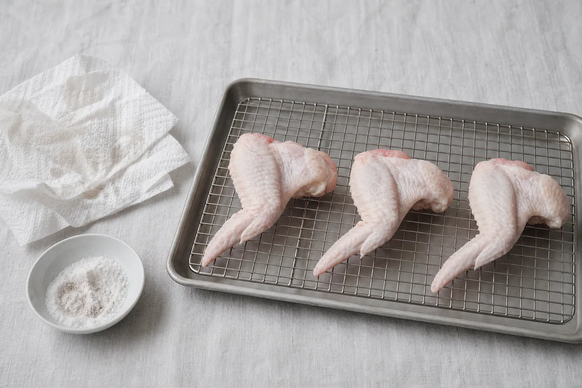 Ailes de poulet crues épongées et alignées sur une grille métallique