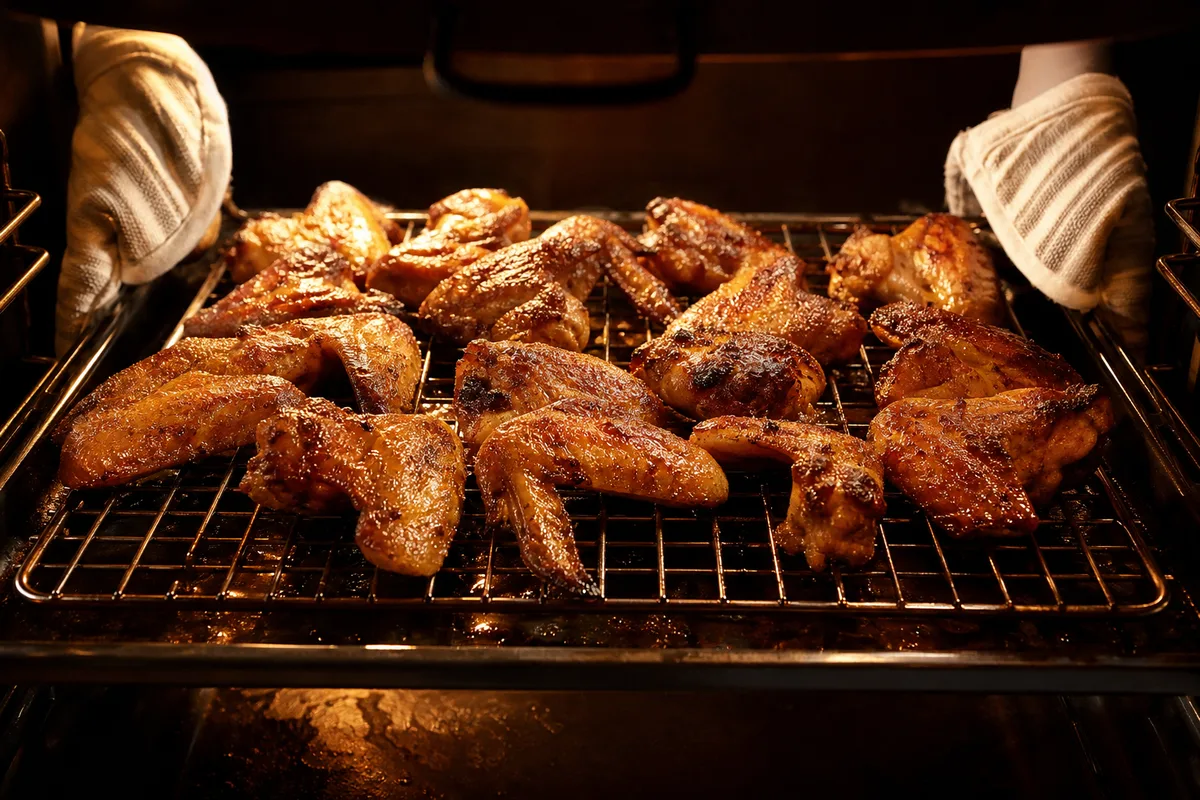 Ailes de poulet dorées sur une grille au sortir du four, peau boursouflée