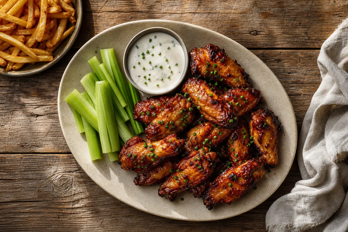 Ailes de poulet laquées servies dans un plat avec un bol de sauce blanche