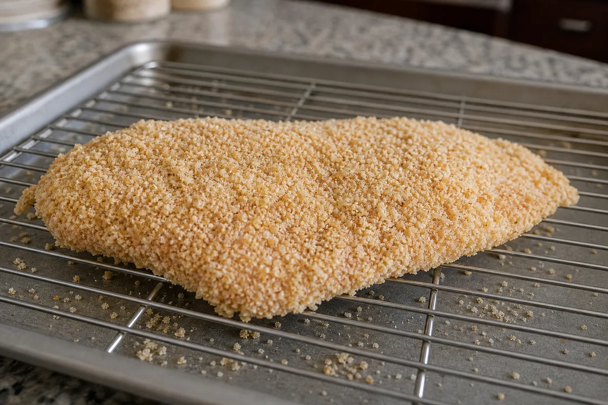 Filet de poulet pané reposant sur une grille avant cuisson, panure dorée et bien accrochée