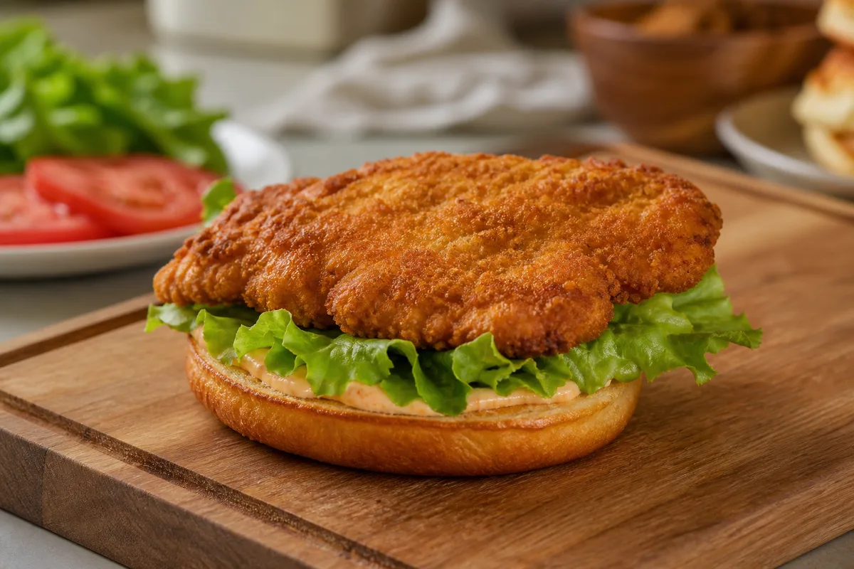 Burger de poulet en cours de montage, couches de pain, sauce, salade et viande visibles avant fermeture