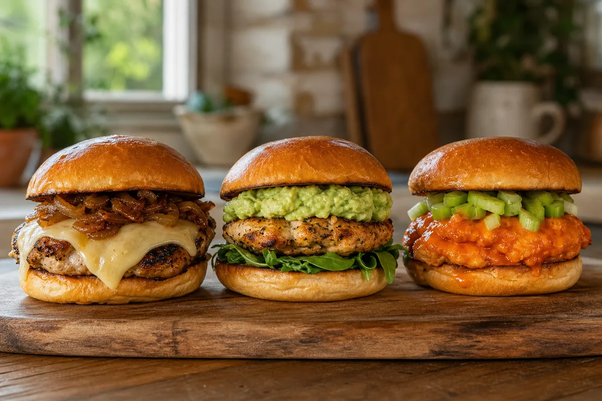 Burgers de poulet variés dressés côte à côte avec garnitures différentes sur planche en bois