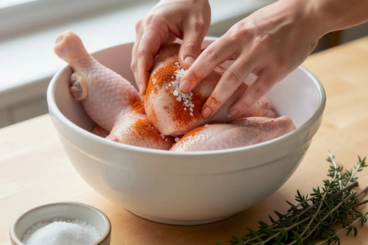 Mains qui frottent des cuisses de poulet crues avec du sel et du paprika dans un saladier