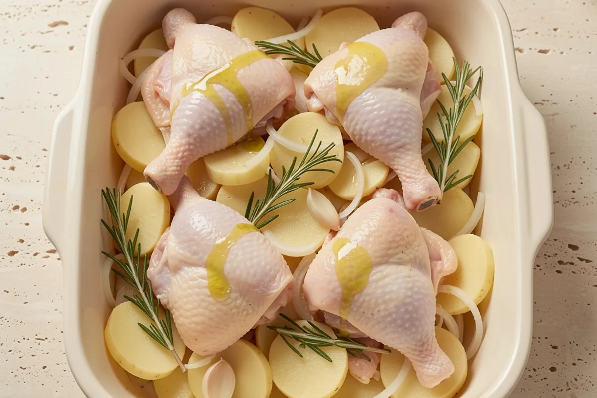 Plat à four garni de cuisses de poulet posées sur des quartiers de pommes de terre et des oignons