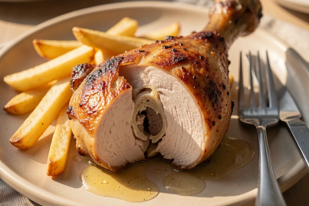 Cuisse de poulet rôtie coupée en deux servie avec des frites maison sur une assiette