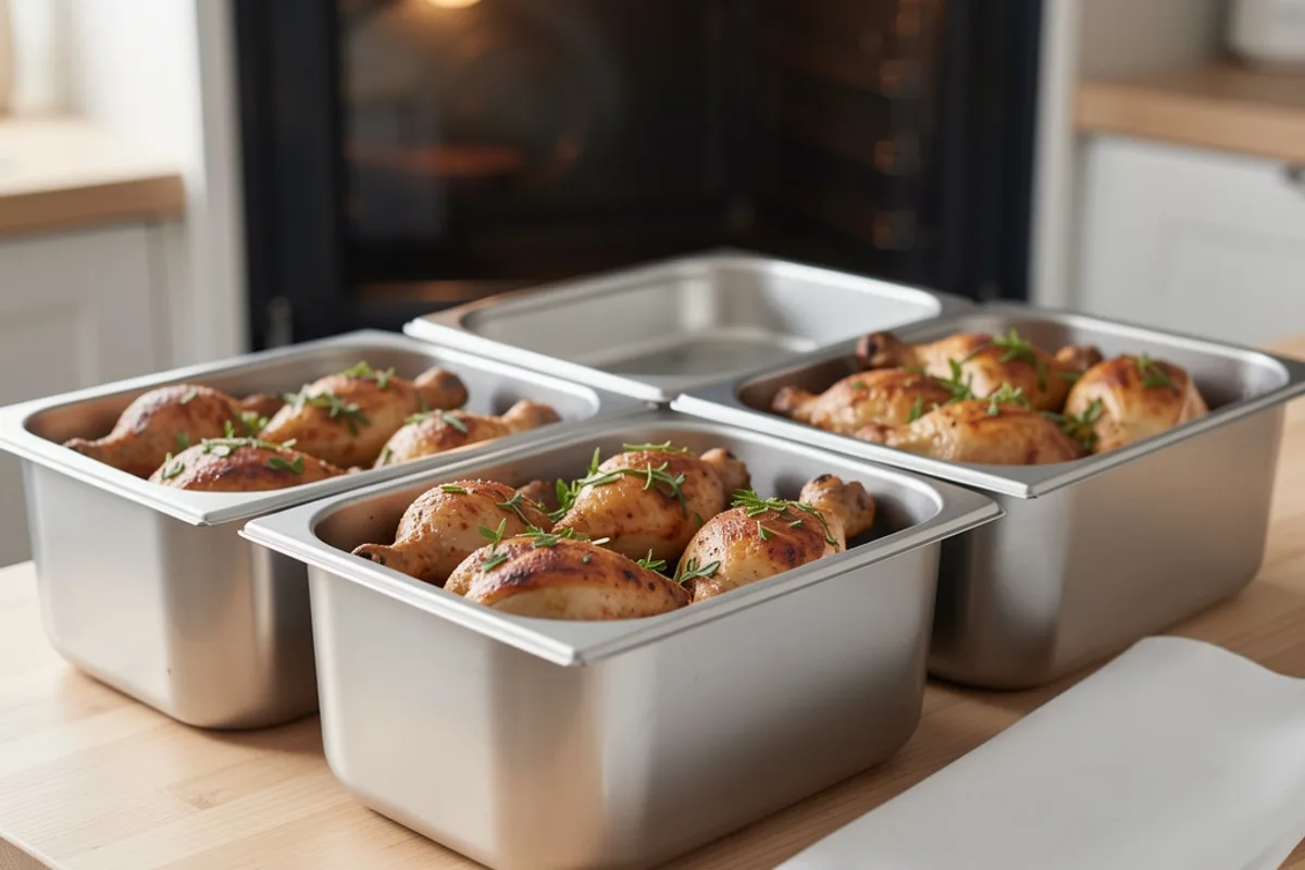 Trois grands plats à four en inox garnis de cuisses de poulet dorées aux herbes sur un plan de travail