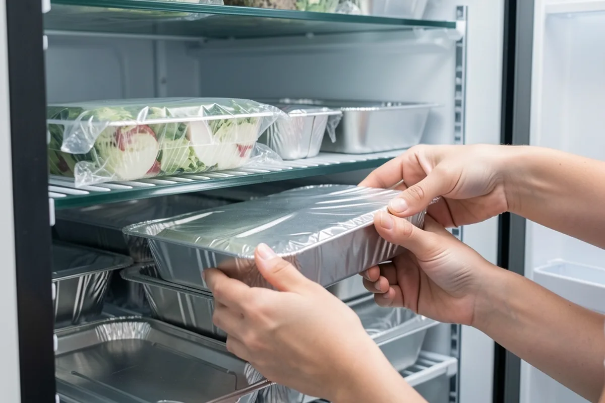 Mains rangeant des barquettes en inox couvertes dans un grand réfrigérateur aux étagères pleines