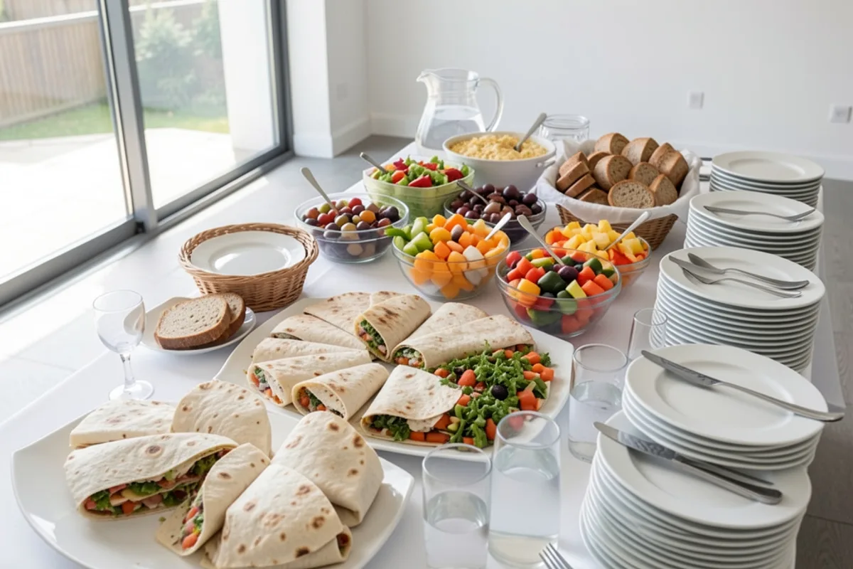 Buffet froid dressé sur une longue table avec plateau de wraps coupés, saladiers de crudités et corbeilles de pain