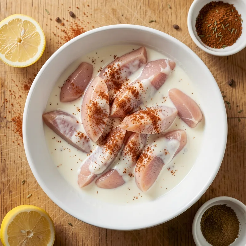 Lanières de blanc de poulet marinées dans un bol de lait fermenté sur un plan de travail