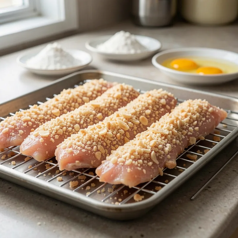 Lanières de poulet panées à la chapelure panko posées sur une grille métallique