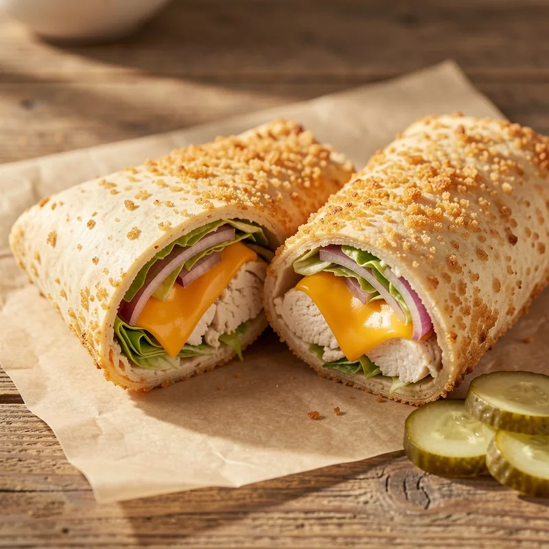 Wrap au poulet pané coupé en biais montrant la panure dorée et le cheddar fondu