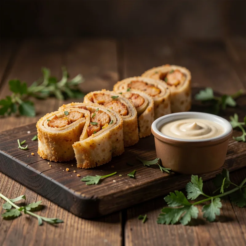 Trois mini wraps au poulet pané tranchés en bouchées sur une planche en bois